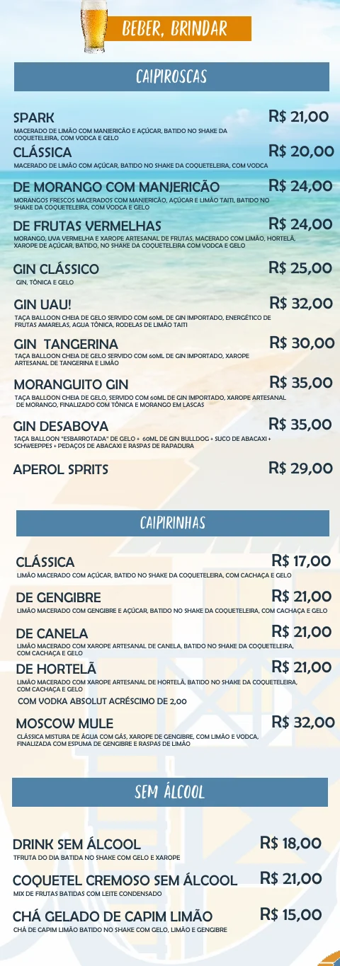 Trecho do cardápio oficial: Bebidas