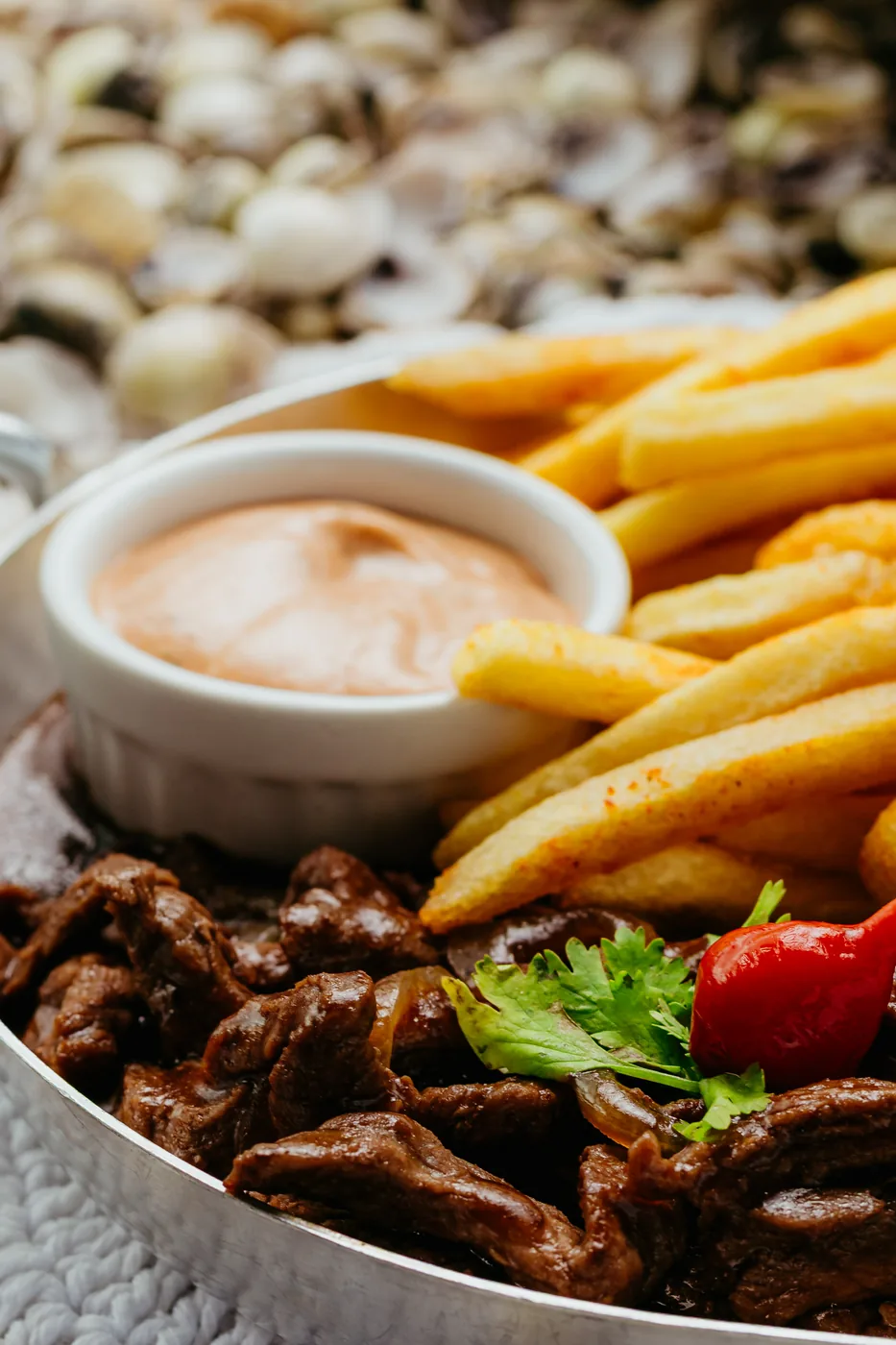 Tiras de filé com batatas fritas e molho